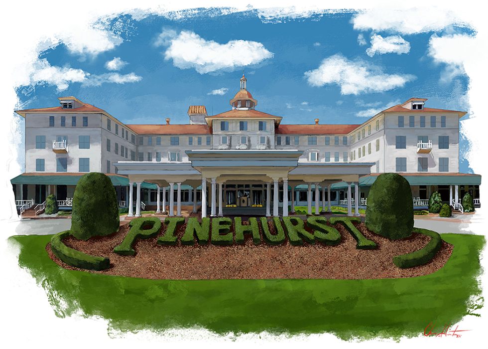 Painted view of the Carolina Hotel with the Pinehurst hedge lettering out front.