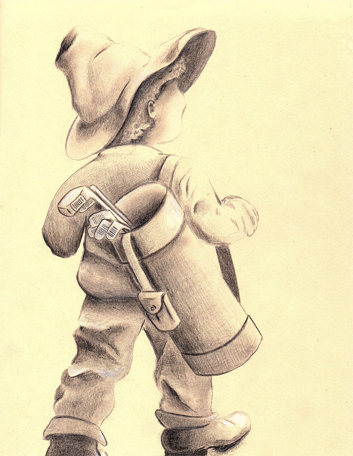 Graphite drawing of a boy in a bucket hat shouldering a golf bag, seen from behind.