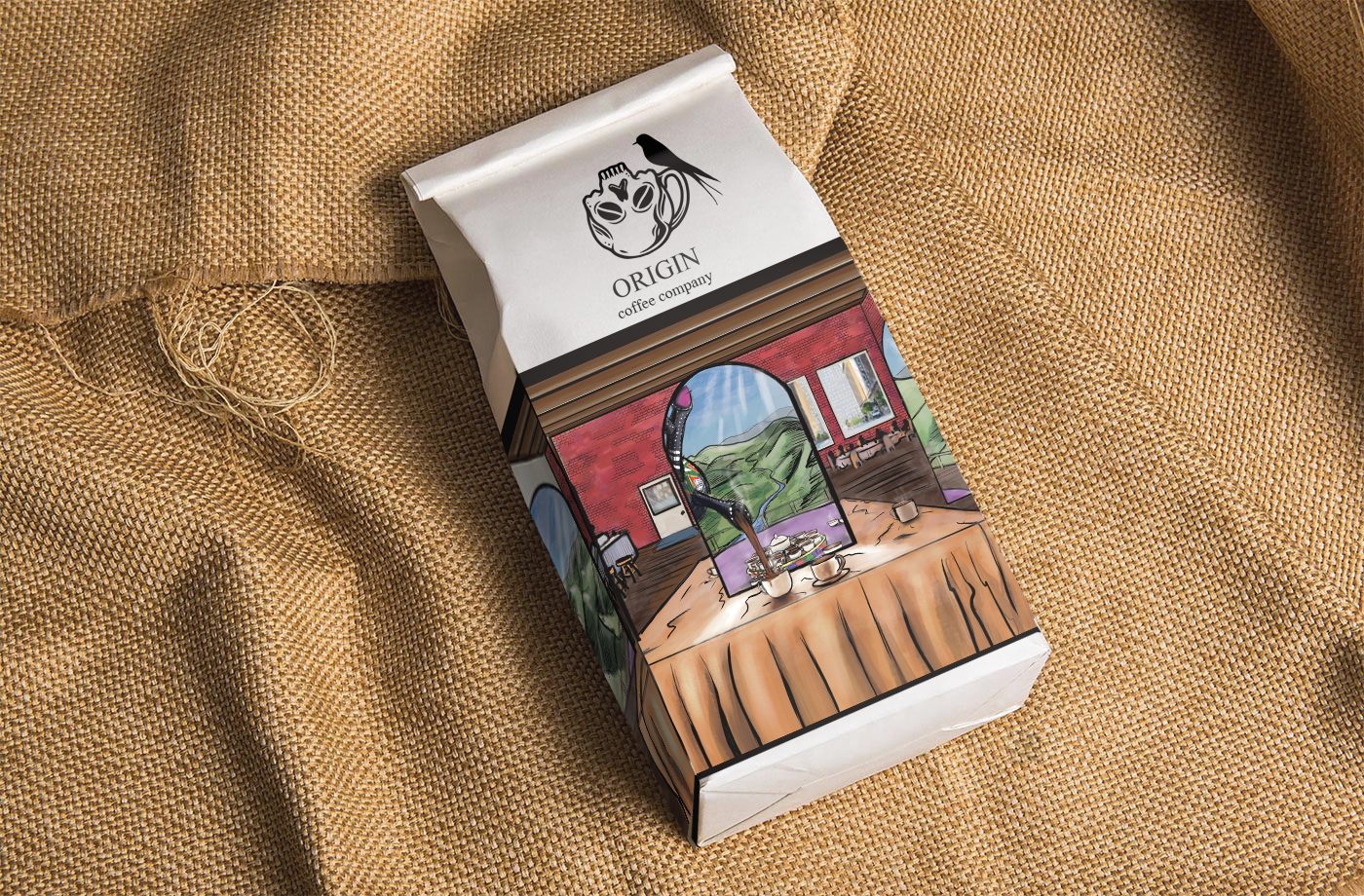 Coffee bag package design lying on burlap, illustrated label facing up.
