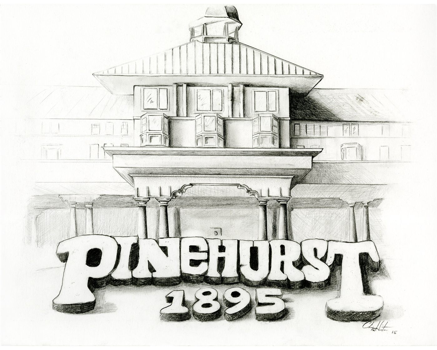 Graphite drawing of the Pinehurst 1895 clubhouse entrance and lettering.