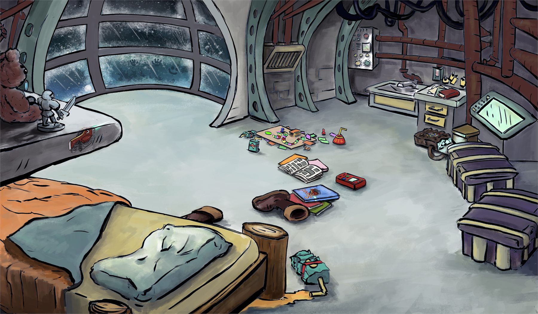 A child's bunk under a domed porthole, toys and books left on the floor.
