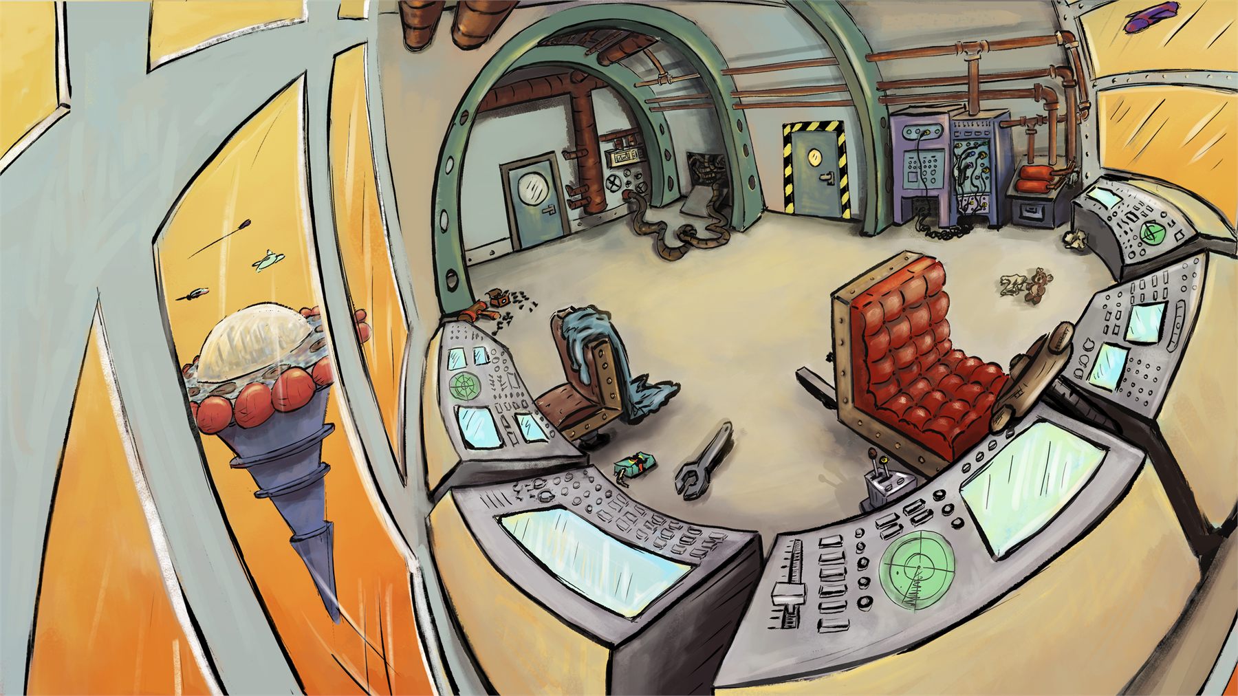 Interior of a salvaged spacecraft cockpit, hand-drawn and digitally painted.