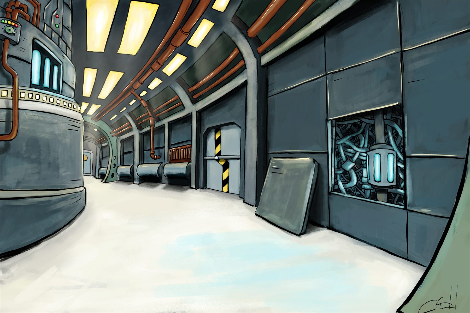 An empty corridor of a derelict ship, pipes and lockers lit from above.