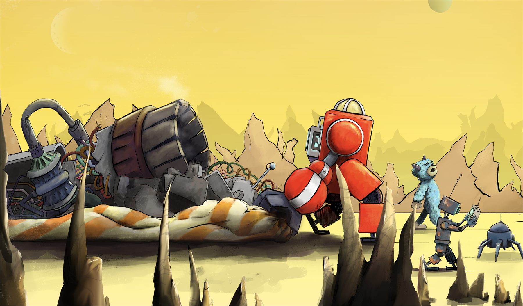 A red robot dragging a wrecked machine across a yellow salt flat as onlookers watch.