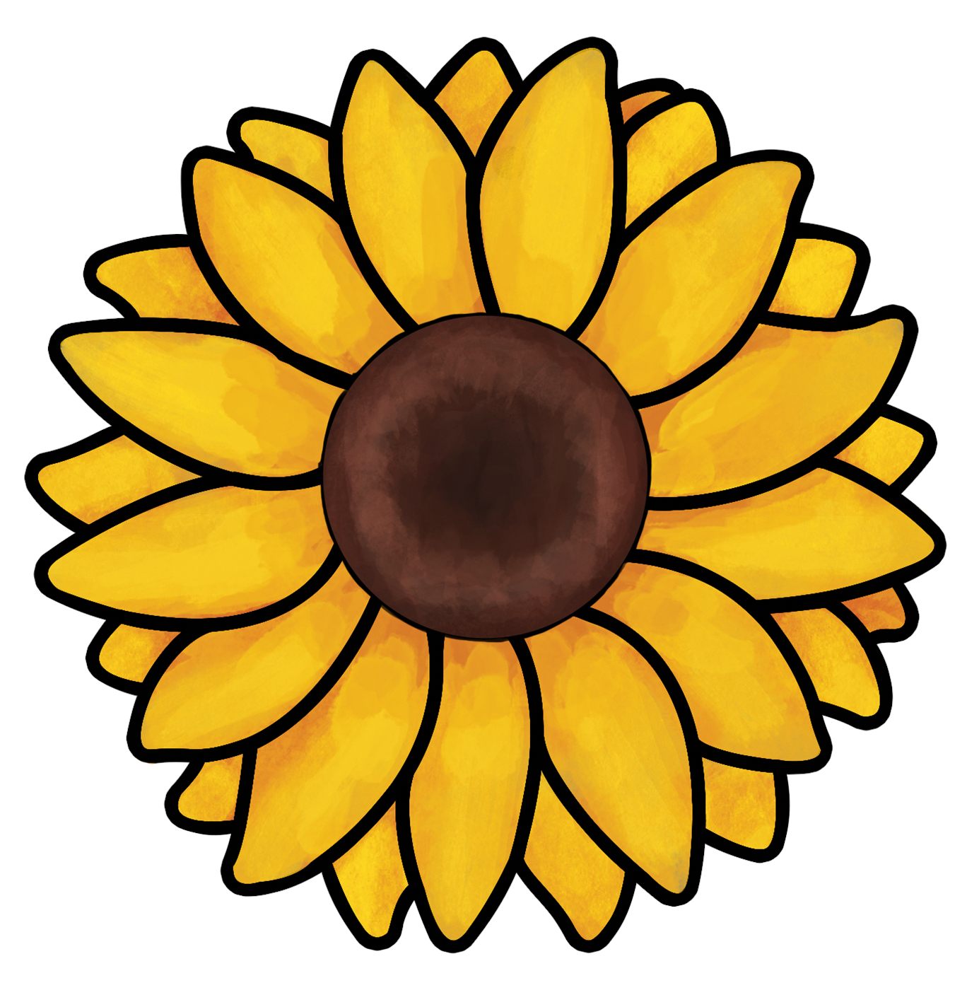 A single sunflower painted in flat yellows with a heavy black outline.
