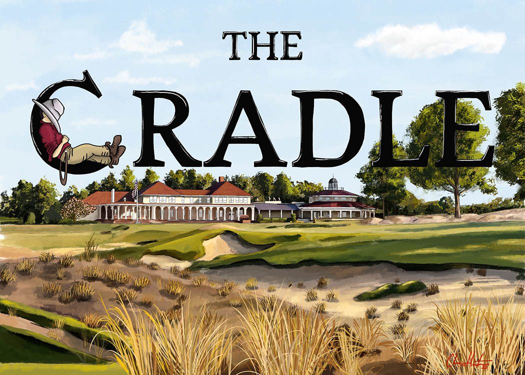 Painted view across the Cradle course toward the clubhouse, title lettering overlaid.